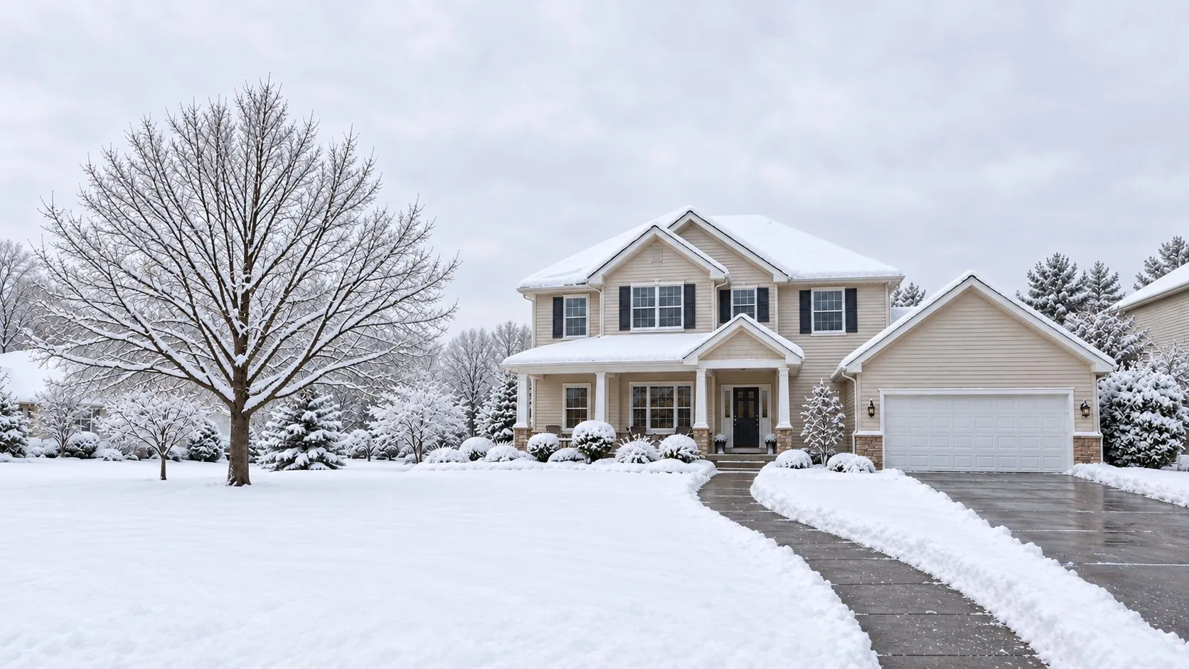 The same yard in winter, driveway and walk plowed clean